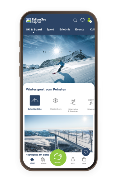 Mobile app interface for winter activities at Zell am See Kaprun with categories for winter sports, highlights, and events. | © Zell am See-Kaprun