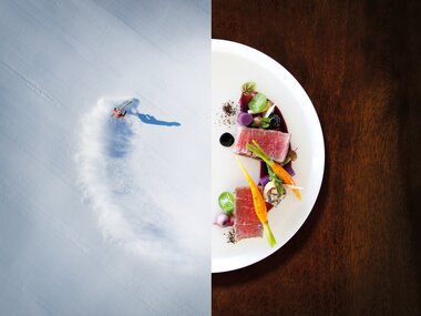 Image with a divided scene: on the left a person skiing in the snow, on the right an elegant meal on a plate. | © Zell am See-Kaprun Tourismus