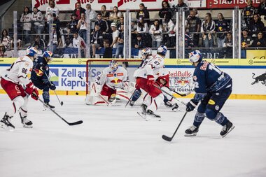 Ice hockey game with players battling for the puck, goalies in action, and spectators in the background. | © ECRedBullSalzburgGintareKarpaviciute