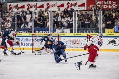 Ice hockey game between EC Red Bull Salzburg and EHC Red Bull Munich in Zell am See, with players in action and an enthusiastic crowd. | © ECRedBullSalzburgGintareKarpaviciute