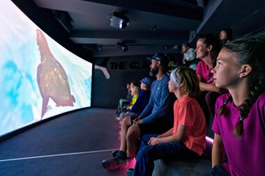 Groups of people sitting in a dark room watching a large projected screen with an animal illustration. | © Kitzsteinhorn