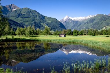 Landscape with a pond surrounded by trees, mountains in the background, and a clear blue sky. | © Golfclub Zell am See