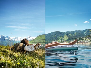 Comparison of a peaceful mountain hike and a relaxing lakeside stroll with mountains and water in the background. | © Zell am See-Kaprun Tourismus