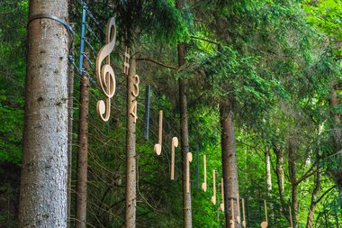 Sound sculpture with music notes attached to trees in a forest.