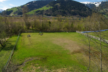 Open area for dogs with play equipment, surrounded by trees and mountain views in the background. | © Stadtgemeinde Zell am See