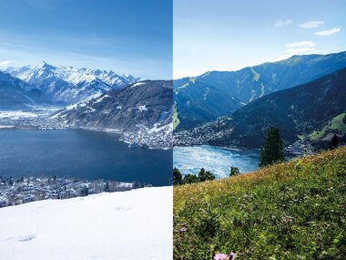 A landscape photo showing the transition between summer and winter at Mitterberg mountains, with snow and green grass. | © Zell am See-Kaprun Tourismus