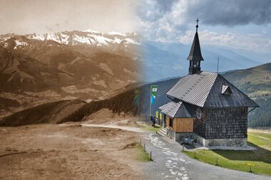 Comparison of an old and a modern building in a mountainous landscape, with a small chapel in the foreground. | © Schmittenhöhe
