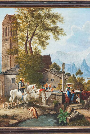 Historical painting of a rural marketplace with a tower in the background, horse-drawn carriages, animals, and people engaged in daily activities, surrounded by trees and mountains. | © Spänglerbank Zell am See