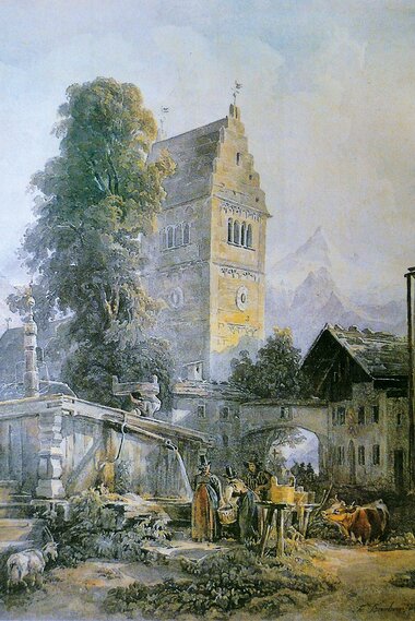 Historical view of a cityscape with a large tower, fountain, and people at the well, with cows in the foreground.