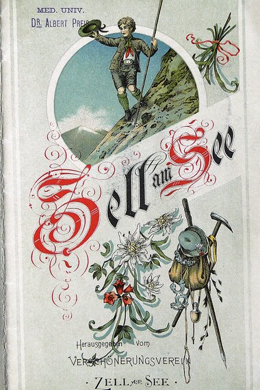 Historical tourism brochure for Zell am See-Kaprun featuring an illustration of a climber and floral decorations.