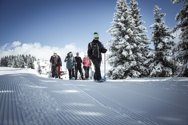 Group snowshoeing through snowy landscape with pine trees and clear sky. | © Zell am See-Kaprun Tourismus