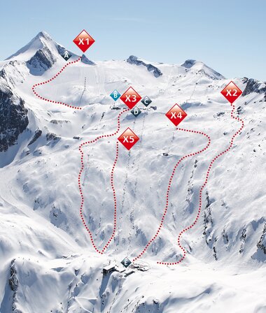 Overview of freeride routes on snowy mountain peaks with marked trails for skiing or snowboarding. | © Kitzsteinhorn