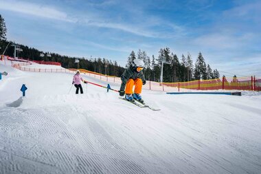 Skier on a snow slope with a blue sky and forest in the background. | © Schmittenhöhe