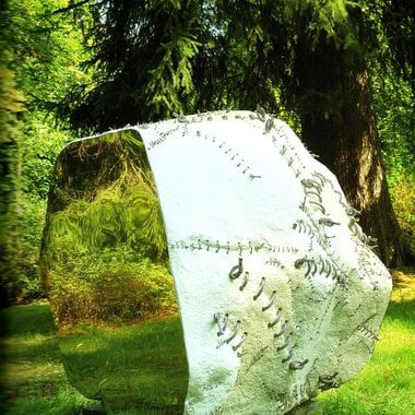 Modern sculpture in a park, reflecting the surrounding nature on a shiny metallic surface.