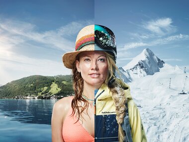 Image of a woman wearing summer and winter clothes in front of a background blending a lake and snowy mountains, representing the seasons. | © Zell am See-Kaprun Tourismus