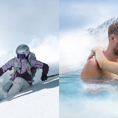 Two scenes: on the left, someone skiing in snowy mountain landscape; on the right, a couple cuddling in water. | © Kitzsteinhorn & TAUERN SPA Zell am See-Kaprun