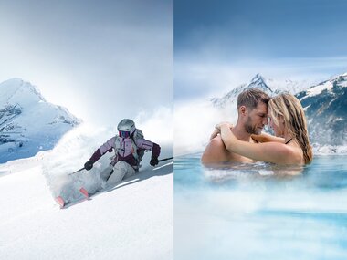An image split into two, with skiing in the snow on the left and a couple relaxing in a hot spring with mountain scenery on the right. | © Kitzsteinhorn & TAUERN SPA Zell am See-Kaprun
