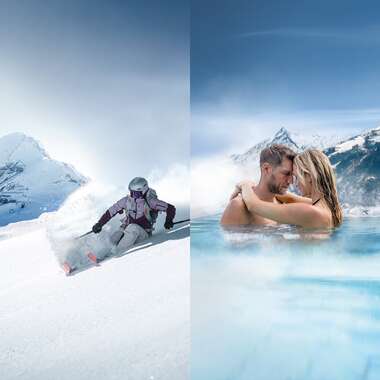 An image split into two, with skiing in the snow on the left and a couple relaxing in a hot spring with mountain scenery on the right. | © Kitzsteinhorn & TAUERN SPA Zell am See-Kaprun