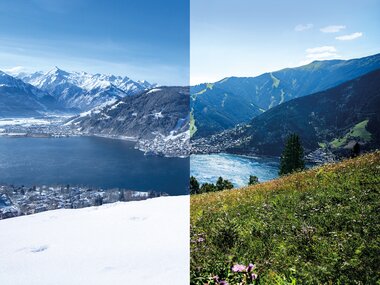 Comparison of a landscape panorama in summer and winter, divided in a split-screen view. | © Zell am See-Kaprun Tourismus
