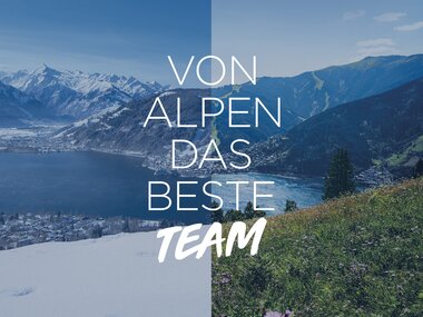 Spectacular Alpine landscape with lake, snow-capped mountains, and green meadows, divided by a diagonal line. | © Zell am See-Kaprun