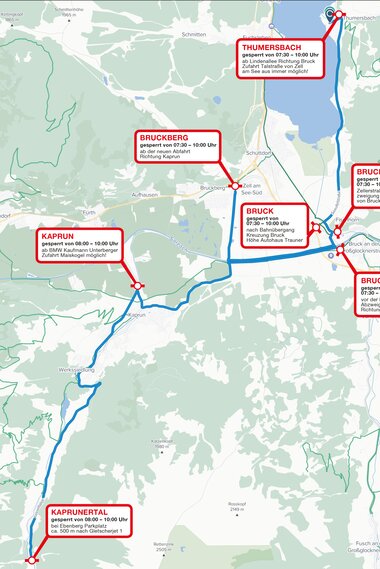 Map shows road closures and detours for events in the TriZell region, including timings and alternative routes. | © Zell am See-Kaprun Tourismus