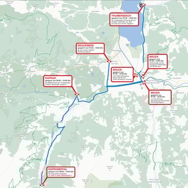 Map shows road closures and detours for events in the TriZell region, including timings and alternative routes. | © Zell am See-Kaprun Tourismus