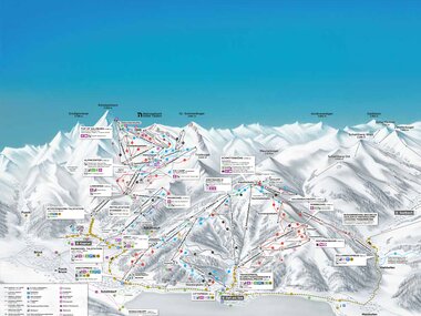 Panoramic map of the region showing ski slopes, cable car lines, and ski pass information for the ski area. | © Schmittenhöhe & Kitzsteinhorn